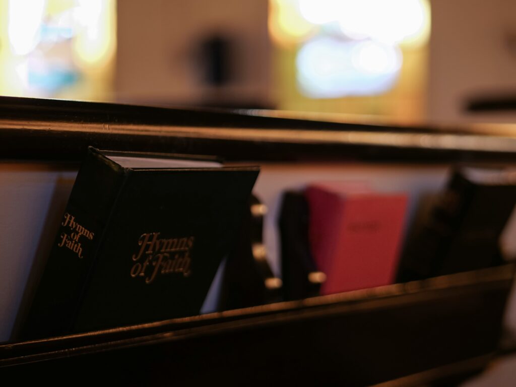 Photo of hymnal in church pew