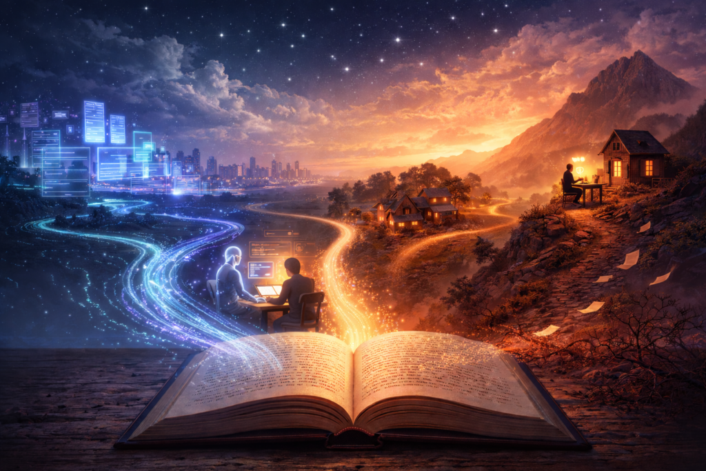 Three paths representing the three aspects of the steady-state economy of AI and human literary production.